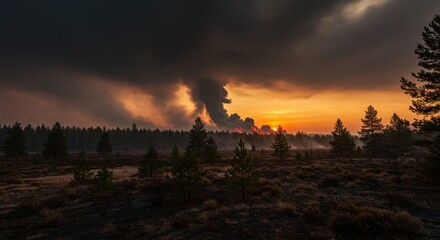 Fototapeta premium Forest fire smoke rising at sunset behind pine trees 