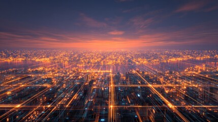 Futuristic cityscape network digital data flow at sunset