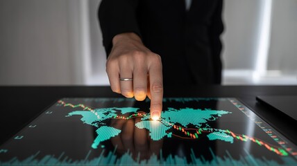 Person s finger touching world map with financial data overlay