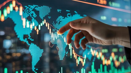 Hand touching digital world map with stock market data analysis