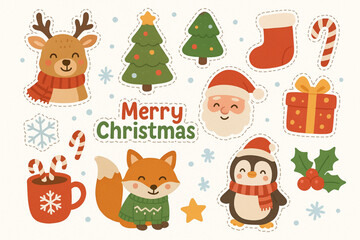 Fototapeta premium Cute Christmas Winter Stickers Collection with Animals and Holiday Elements for Scrapbooking