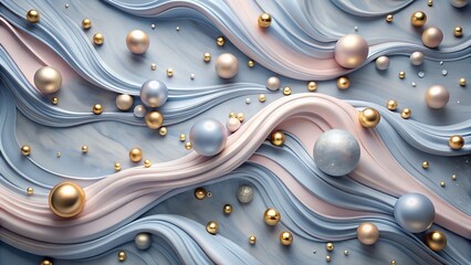 Elegant Abstract Background with Pastel Waves and Metallic Spheres Design