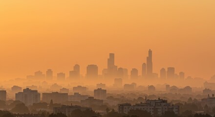 City skyline at sunrise with orange sky and misty atmosphere  