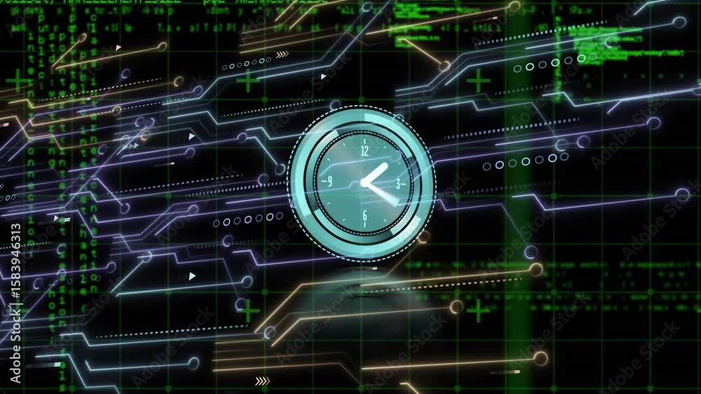 Poster at scene opening clock face appearing over neon grid pulsing paths streaming code showing data flow