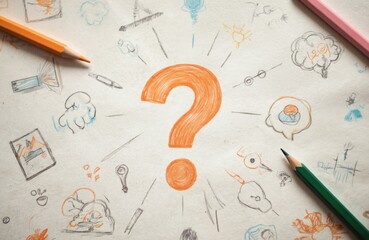 Abstract geometric design features orange circle with black line through center, surrounded by colorful gray grid. Four smaller images of people hold various colored pencils in background.