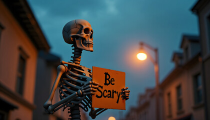 Skeleton holding a sign that says "Be Scary" in a dimly lit street  