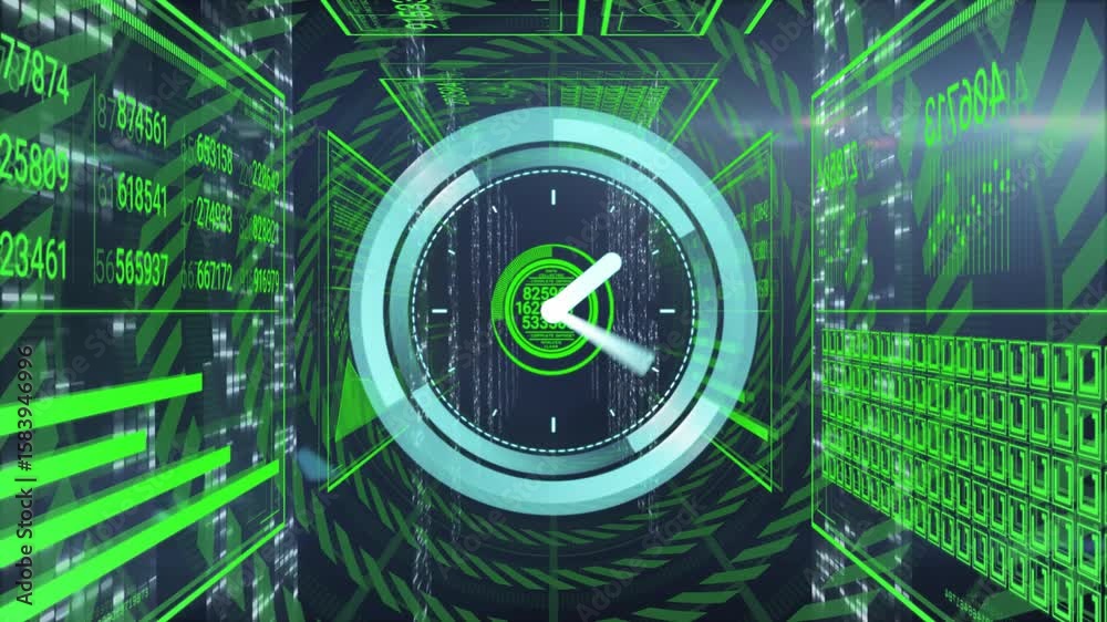 Poster clock interface fading triggers rotating hands and rings visualizing time data flow in cyber tunnel