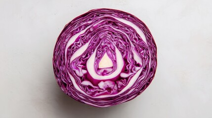 Obraz premium Sliced Red Cabbage Creating a Symmetrical Mandala Pattern With an Open Top View Highlighting Vibrant Colors and Textures
