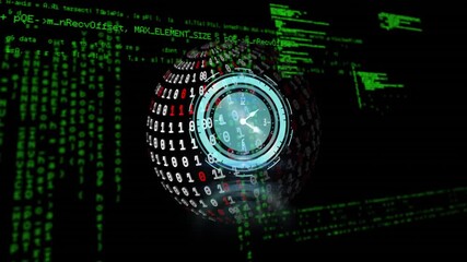 Cascading green code starting rotating sphere showing clock advancing visualizing realtime data - Powered by Adobe