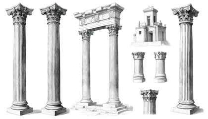 Naklejka premium Classical architectural elements collection with 9 white marble designs. Intricate carvings on columns, archways, domes, pediments, doorways, balconies, friezes, reliefs. Colorful, harmonious