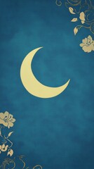 A blue background with a yellow crescent moon. The moon is lit up by the sun. The image has a peaceful and serene mood. Religion Islam. Muslim, Ramadan Mubarak, Eid al Adha, Eid al Fitr. Muslim postca