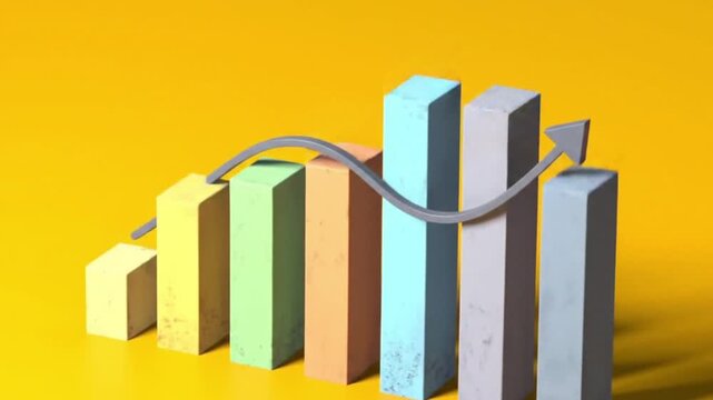 A colorful bar graph with a downward arrow on a yellow background indicating a decrease in value