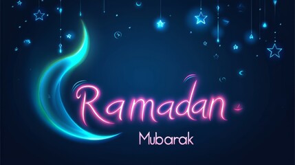 Blue background with a luminous blue moon and stars. The word Ramadan Mubarak is written in neon lights. Religion of Islam. Muslim, Ramadan Mubarak, Id al -Adha, Id Al Fitr. Muslim postcard.