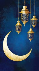 A blue background with a gold crescent moon and a row of lanterns hanging from the ceiling
