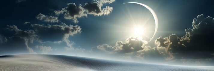 The sky is dark and cloudy, with a crescent moon shining brightly in the middle. The clouds cover the entire sky, creating a moody and mysterious atmosphere. Islamic background, Muslim postcard.