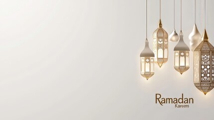 A white background with a row of lamps hanging from the ceiling. The lamps are lit up, creating a warm and inviting atmosphere. The lamps are of various sizes and shapes. Islamic background, Muslim po