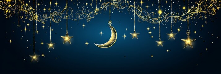 A beautiful blue background with a gold star and a gold crescent moon. The background is adorned with gold and blue, creating a luxurious and elegant atmosphere. Islamic background, Muslim postcard.