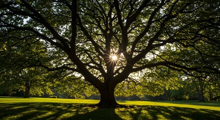 Obraz premium Sunburst through a large tree with green leaves in a park on a sunny day casting shadows on the grass