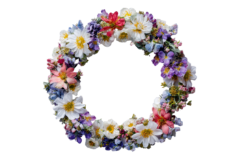 Round frame made of flowers on white background