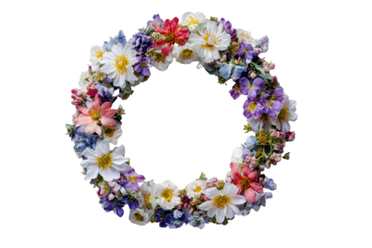 Round frame made of flowers on white background