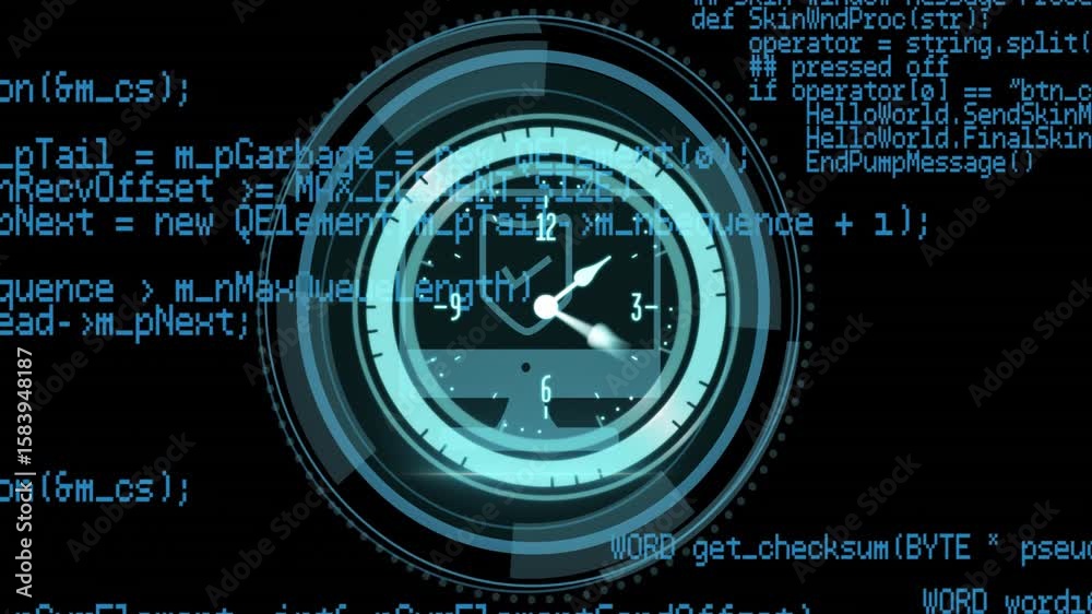 Poster Shield fading in causing circular HUD rotating, code scrolling, icon confirming security