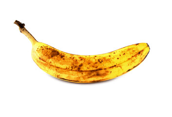 Isolated organic over ripe dark brown spots yellow banana fruit, cutout in transparent background,...