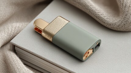 Portable charger green and gold textured surface modern device closeup