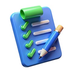 3d checklist with green checkmarks and blue pencil isolated on white background