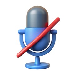 3d cartoon microphone icon with a red prohibition sign isolated on white background