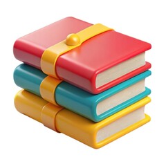 Stack of three colorful cartoon books with yellow straps isolated on white background