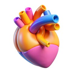 Stylized 3d anatomical heart with colorful tubes isolated on white background