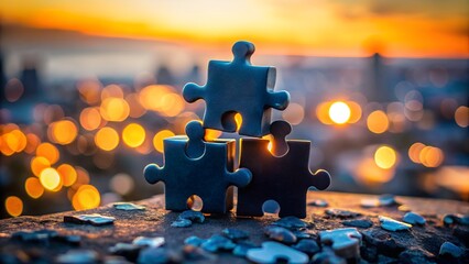 Sunset Puzzle Pieces Teamwork Concept