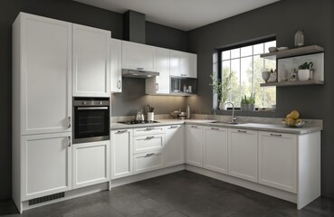 Modern white kitchen with industrial-style oven, gray tile floor, black countertops, white cabinets, window above sink. Sleek, monochromatic design. Central island, sink, microwave, oven, cabinets,