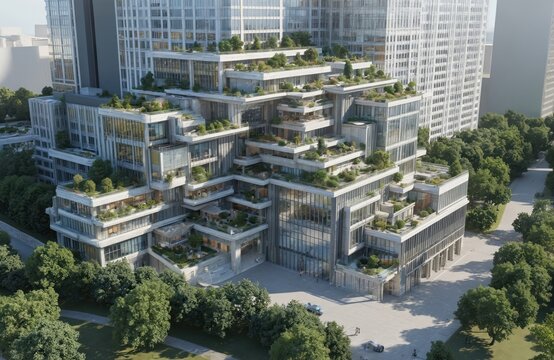 Modern building with glass facade reflects surrounding city environment. Unique design combines curved, straight lines, creating dynamism. Multi-level structure with clear blue sky, natural backdrop - Powered by Adobe