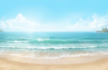 Obraz premium Serene beach scene with azure ocean, deep blue sky at horizon. Sandy coastline with light beige sand, small rocks. Palm trees sway gently, small island adds to tropical ambiance.
