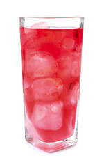 Tasty cherry soda water with ice cubes isolated on white