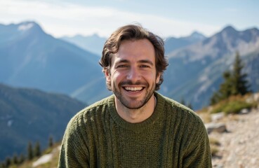 Young man in green sweater embarks on wilderness hike. Vibrant sweater, adventurous gaze, mountains in warm sunlight create captivating image. Early morning late afternoon time of day adds depth,