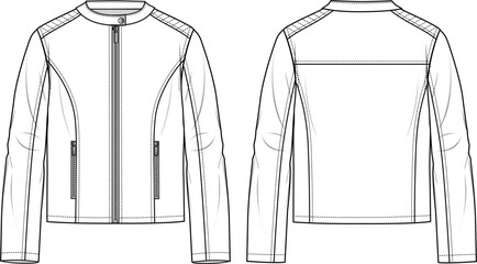 Unisex Biker Jacket. Technical fashion flat sketch. Front and back, white colour. Women's CAD mock-up