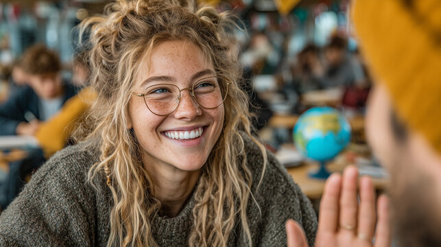 Young female teacher smiling and engaging with a student in classroom