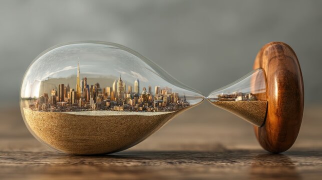 Cityscape inside hourglass time urban development concept
