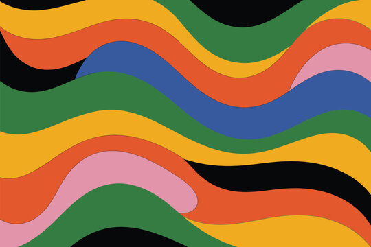 Colorful groovy background design featuring wavy pattern in bold shades like yellow, green, orange, pink, and blue on black backdrop.