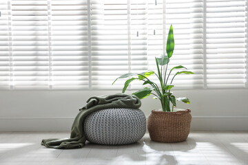 Stylish knitted pouf with plaid and houseplant at home. Space for text