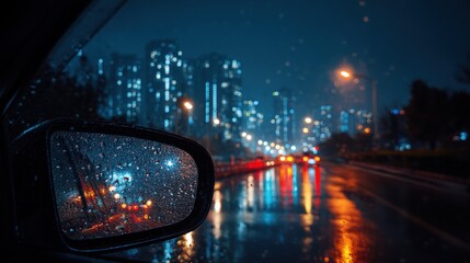 Rainy night cityscape viewed through car side mirror