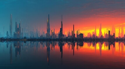 Naklejka premium Futuristic city skyline reflection at sunset vibrant colors dark silhouettes