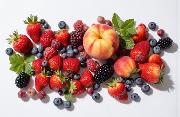Obraz premium Fresh summer berries on white background. Strawberries in various red shades, slightly browned edges. Surrounding blueberries, peaches, blackberries, sprig of mint. Mixed fruit arrangement for