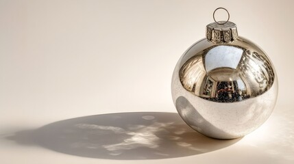 Reflective silver ornament captures light in a minimalist setting, highlighting holiday spirit and decoration ideas