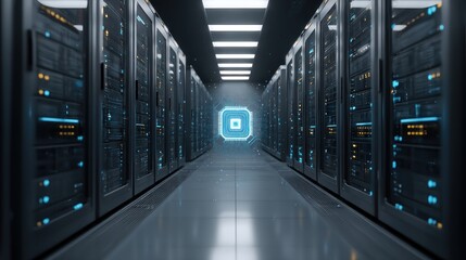 Futuristic server room digital microprocessor and network technology