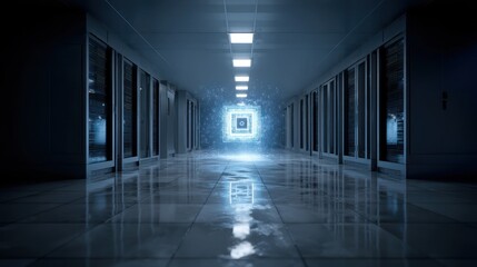 Glowing digital square in a futuristic server corridor