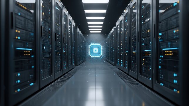 Futuristic server room digital microprocessor and network technology