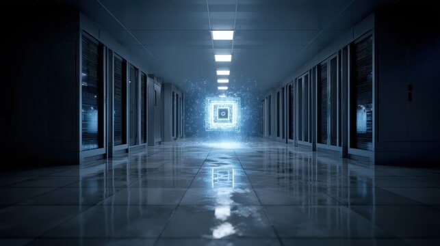 Glowing digital square in a futuristic server corridor